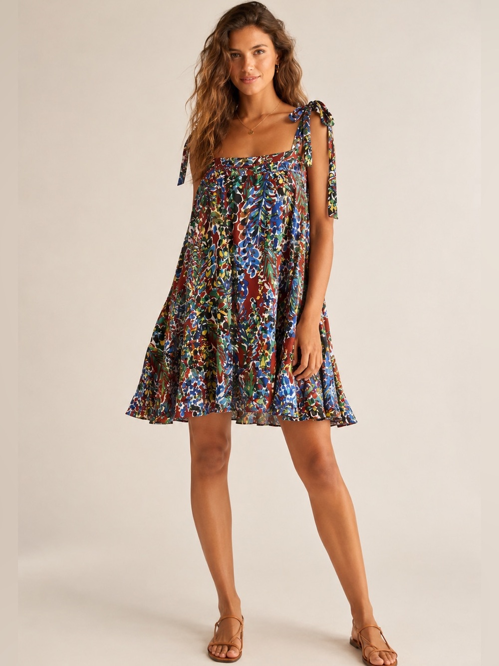 Kori America Floral Sundress Tie Strap Bohemian Hippie Sz M Lightweight Summer